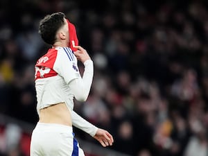 Arsenal’s Kai Havertz reacts after a missed opportunity against Manchester City