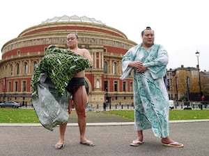 Sumo wrestlers outside the Royal Albert Hall