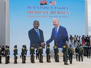 A poster showing President Joe Biden and Angola’s President Joao Lourenco