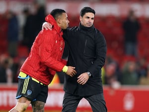 Arsenal manager Mikel Arteta, right, with Gabriel Jesus