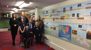 Pupils, Beatrice, Georgina, Serena, Sofia with headteacher Sallie Roberts, Dan Hamer from Bomere Heath Parish Council, Elizabeth Gilbert from the PTFA and Sue Horton from Bomere Heath Parish Council. 