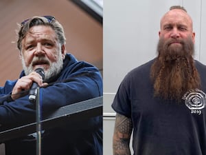 (left) Russell Crowe in a blue top, and (right) Charlie Allan in a dark blue top