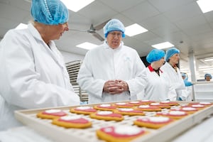 The Duke of Gloucester, Prince Richards, visits Market Drayton's Gingerbread Factory, Image on Food. Gingerbread Man Factory.