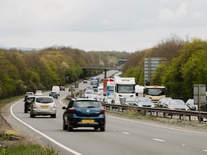 Heavy traffic on the A5 near Dobbies, Shrewsbury