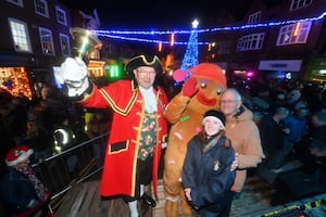 Market Drayton Christmas Lights Switch on. They were switched on by Mayor: Roy Aldcroft, Elspeth Taylor (Overall art winner in the Mkt D Calendar Comp), Town Crier: Geoff Russell and the Gingerbread Man.