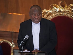 South African President Cyril Ramaphosa speaks during a banquet at the Guildhall in London