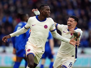 Chelsea’s Nicolas Jackson celebrates his opener at Leicester