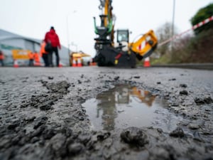 A pothole at JCB Power Systems in Derby on National Potholes Day