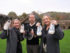 Laura Dudley, Daniel Garrad and Gayle Kelly from the Ironbridge Gorge Museum Trust, in front of the Old Furnace in Coalbrookdale