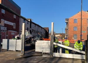 Flood barriers going up in Frankwell. Picture: Environment Agency