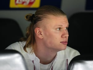 Manchester City’s Erling Haaland on the bench for the Champions League game against Real Madrid