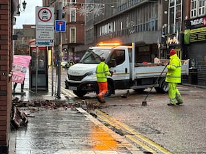 The clean-up operation on Castle Street in Belfast city centre after overnight damage caused by Storm Darragh