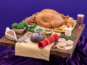 A Christmas dinner spread made entirely out of chocolate