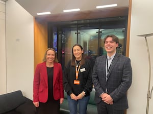 Helen Morgan MP, Ellesmere College teacher Jessica Evans and former pupil Toby Baillon, now Helen Morgan's Parliamentary assistant, in Westminster.