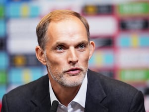 England head coach Thomas Tuchel answers questions at a press conference at Wembley