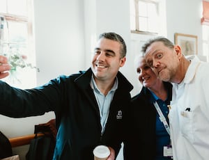 Radfield's Lewis Collins and Sam Bones meet Liam Fox on the Henry House set. Photo: Dani Harry photography