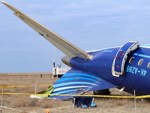 This image from video released by the administration of the Mangystau region of Kazakhstan, shows the wreckage of Azerbaijan Airlines Embraer 190 on the ground near the airport of Aktau, Kazakhstan, Wednesday, Dec. 25, 2024