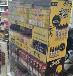 The illegal vapes on display at the Family Shopper store in Wednesfield 