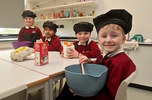 Bowbrook Primary School in Shrewsbury. Alma 5, Madhavi 5, Reuben 5 and Parker 5 in the cooking room.