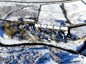 An overhead view of snow covering fields in Allenheads, Northumberland