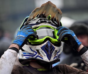 A clean visor on a muddy day at the Hawkstone International Motocross