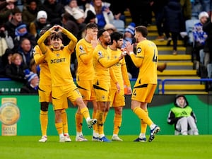 Wolves celebrate scoring against Leicester