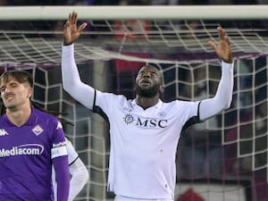 Napoli’s Romelu Lukaku celebrates after scoring in a 3-0 Serie A win at Fiorentina