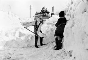 Snow scene from the March 1947 blizzards. Unnamed boy clearing a road on the way from Wolverhampton to Claverley