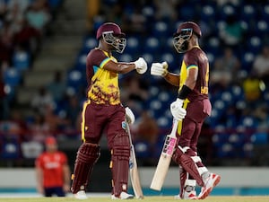 Shai Hope and Evin Lewis bat for the West Indies