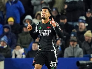 Ethan Nwaneri celebrates his goal for Arsenal against Brighton