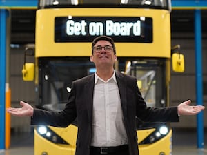 Greater Manchester mayor Andy Burnham viewing the ‘Bee Network’ buses