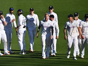 England captain Ben Stokes, centre, leads his team from the field at the close of play against New Zealand