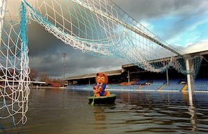 Matt Ashton's picture of Lenny the Lion in a coracle at the Gay Meadow during the December 2000 floods. Picture: Matt Ashton