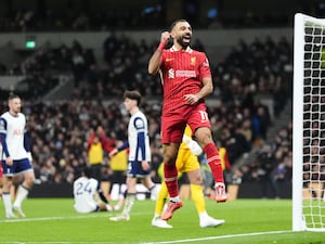 Liverpool’s Mohamed Salah celebrates scoring their side’s fifth goal of the game