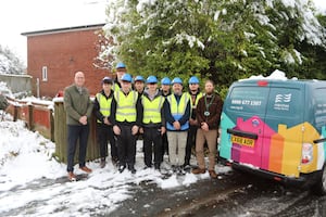 Outside the home in Arleston, Wellington. 

Left to right, David Hall, Wrekin Housing Group, students from Telford College along with Tutor Gary Pitchford and Marcus Ayling from Marches Energy Agency.