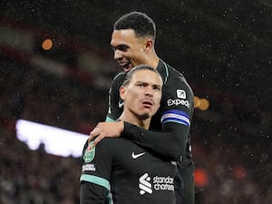 Darwin Nunez celebrates scoring the opening goal with Trent Alexander-Arnold