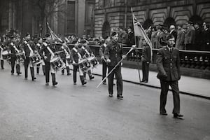 Pilot Officer Norman Matthews leads the 385 (Willenhall) Squadron ATC past Walsall Town Hall during a fundraising week in 1943