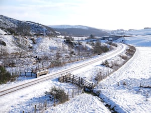 Snowy fields and rail track