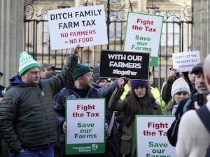 Farmers take part in a protest over the changes to inheritance tax (IHT) rules outside the Oxford Farming Conference, at The Examination Schools, Oxford