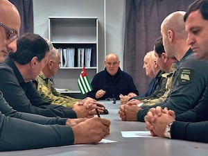 Self-styled Abkhazian president Aslan Bzhania, centre, chairs a Security Council meeting