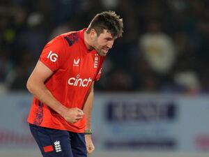 Jamie Overton celebrates a wicket