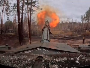 A Russian T90M Proryv tank fires towards Ukrainian positions