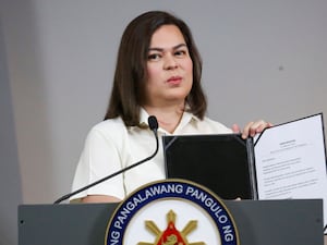 Sara Duterte at a news conference