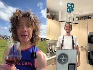 Composite image of a man holding a wine glass (left) and a man dressed as an air conditioning unit which fell at the Co-Op arena in Manchester (right)