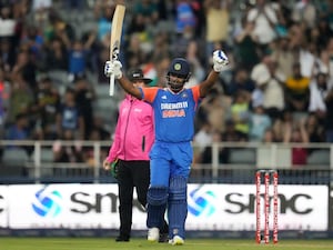 India's Sanju Samson celebrates his century against South Africa