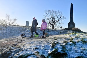 Frost at Lilleshall monument, where Claire Goodwin and Erin-Mae Goodwin-Samuels were enjoying a chilly start to Friday with dogs, Ted, Evie and Primrose 