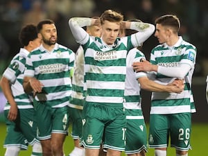 Shamrock Rovers’ Matt Healy appears dejected after losing the penalty shoot-out after the UEFA Europa Conference League Knockout Phase Play Offs Second Leg match at Tallaght Stadium in Dublin