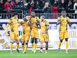 Inter Milan's Lautaro Martinez (second left) celebrates his goal