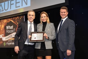 Actor and TV star James Nesbit, Charlotte Edwards, Managing Director of Dennis Edwards Homes and Liam Buxton, New Build Director at Laufen (award sponsor)