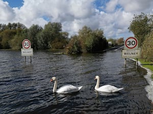 Flooding across the A1101 in Welney, in West Norfolk, in October this year